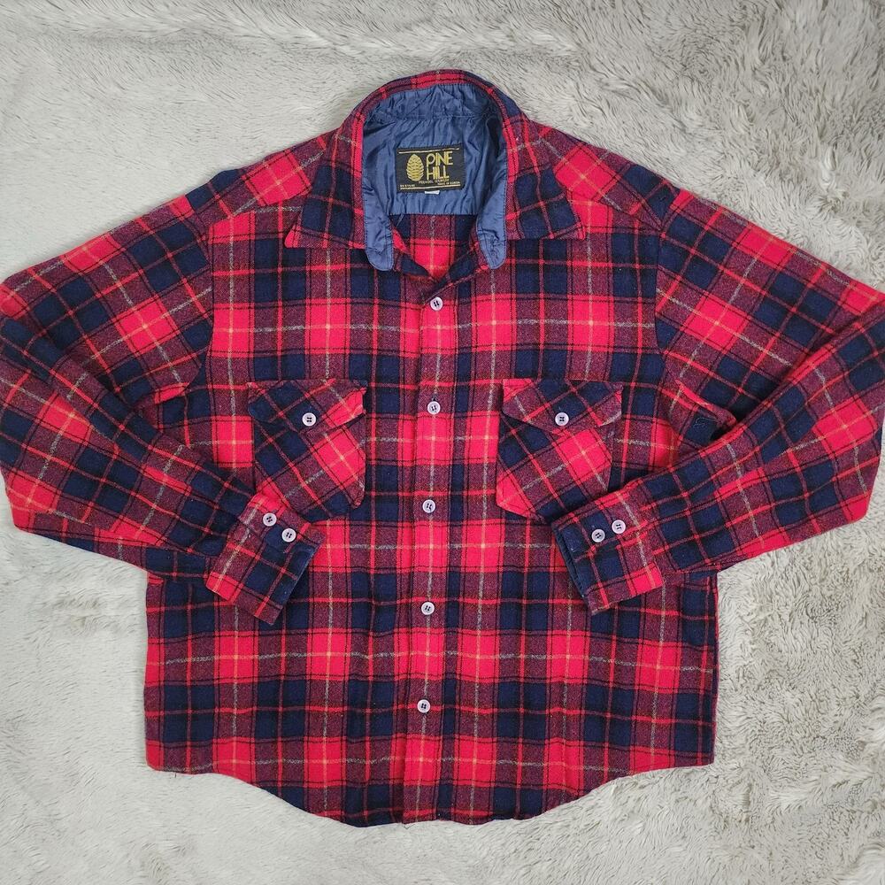 Vintage Pine Hill Wool Flannel Shirt Size Large Red Blue Long Sleeve Button Up